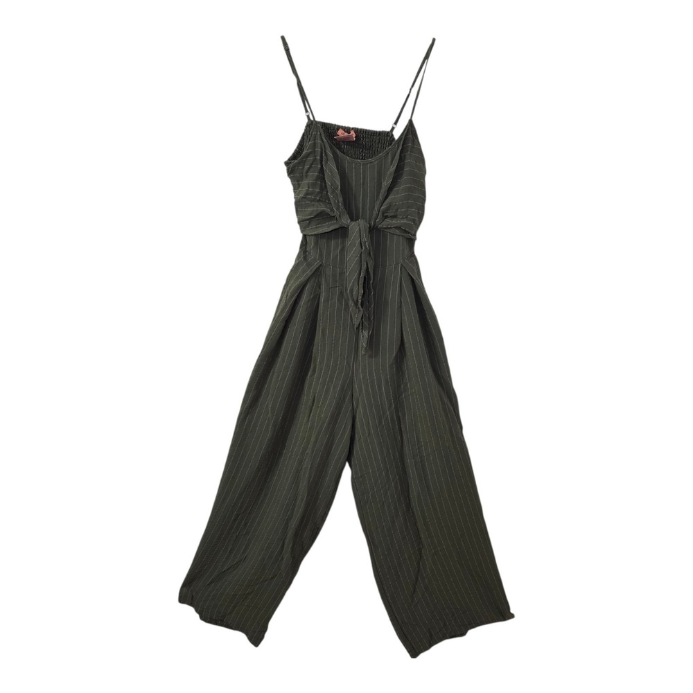Flying Tomato Jumpsuit Small Olive Green Striped Wide Leg Romper Tie Front Boho